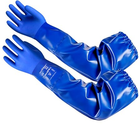 AnTools Guantes químicos de PVC de 62 cm, resistentes al agua, largos con forro de algodón, resistentes a productos químicos, aceites y ácidos, para laboratorio, limpieza de piscinas, industrial, azul