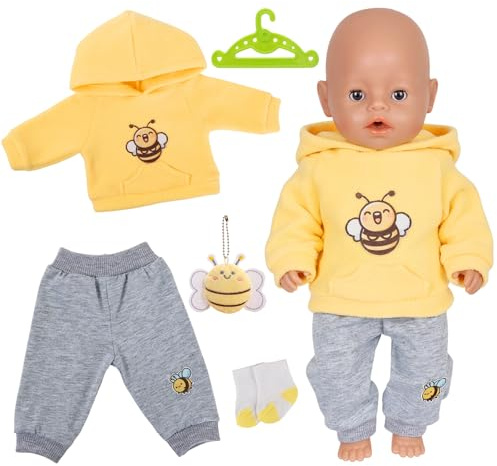 5 Pcs Yellow Baby Doll Clothes for 12-18 Inch Baby Dolls，30-45cm Newborn Baby Doll Clothes Bee Hoodie Pants Socks Hanger Doll Ornament Baby Doll Accessories for Kids Birthday Gift