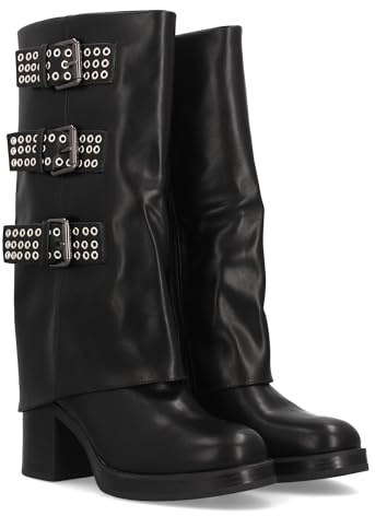 98348 Botas para Mujer de Tacon y Cana Alta Decorada con Tres llamativas Hebillas metalicas con Ojales. Tacon Ancho y Cierre de Cremallera. Ideal Otono Invierno. Negro Talla 40