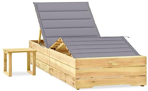 HFMDRMU Lettino da giardino in legno di pino impregnato con schienale regolabile e poggiapiedi, con cuscino e tavolino per bevande e piccoli oggetti
