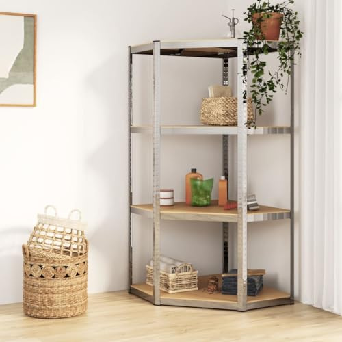 Hothingwell Étagère d'angle 4 Niveaux argenté, Cadre en Acier et Planches en Bois d'ingénierie, étagère de Rangement Robuste avec étagères réglables en Hauteur pour Un Stockage Flexible,