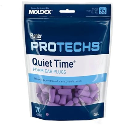 Flents Protechs Foam Ear Plugs, 70 Pair for Sleeping, Snoring, Loud Noise, Traveling, Concerts, Construction, Studying, Work, Shooting, NRR 33, Noise Cancelling, Disposable Purple, Made in the USA