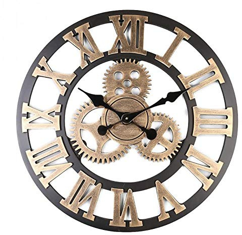 NNOVAT 3D Horloge Murale 60 * 60cm Grand Classique Vintage en Bois Silencieux Vitesse Pendaison Chiffre Romain Style Européen Steampunk Décor Industriel pour Salon, Bar,d'or