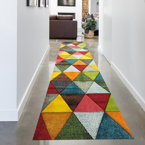 CARPETIA Abstrakt vardagsrumsmatta Golvmatta med modern färgglad triangelmönster design orange grön röd – lätt att rengöra storlek 80 x 300 cm