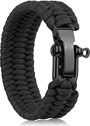 Oadnfa Survival Bracelet,Tactical Paracord Bracelet with Forged Stainless Steel U-Type Shackle Connection Three Holes Adjustable,Bearable 550 lb Disassembled Parachute Rope for Emergency(Black)