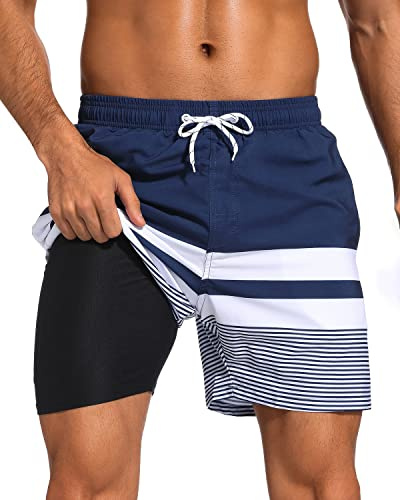 SILKWORLD Quick Dry Mens Swim Trunks with Compression Liner Stretch Swim Shorts Bathing Suits with Zipper Pockets,Dark Navy&White Stripes,Large