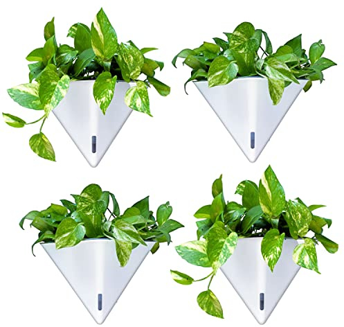 LaLaGreen - Vaso da parete per piante da interno, confezione da 4, 30,5 cm, grande, autoirrigante, bianco, geometrico, da appendere, con gancio in metallo, moderno ed elegante supporto per piante