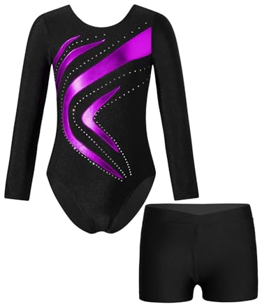 Aislor Gymnastikdräkt med glitter för barn och flickor, långärmad dansbody med gymnastikshorts och strass, för gym och balett, balettkläder, trikåbody