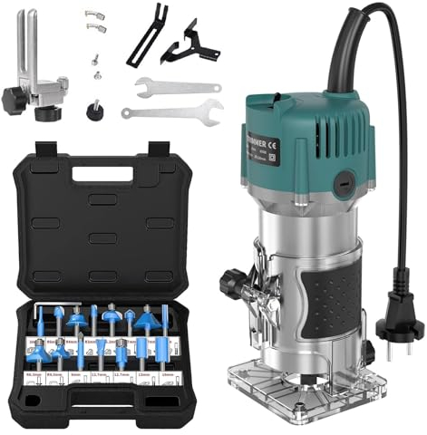 Routeur éLectrique DiamèTre 6,35 mm, DéFonceuse éLectrique,800W 30 000 Tr/Min, Fraiseuse à Bois à une Main Avec Interrupteur à Bascule à une Touche à Base Transparente, Avec jeu de 15 Fraises à Bois