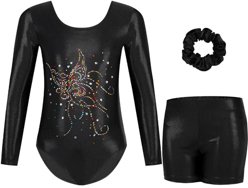 Gogokids Tredelade gymnastiktröjor för flickor, långärmad gymnastikset med shorts och pannband, glänsande dansklänning med gradient färgdesign för 3–12 år
