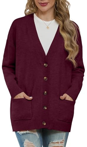 GRECERELLE Gilet en tricot pour femme - Manches longues - Col en V - Boutonné - Oversize - Pour l'hiver - Avec poche, rouge vin, XL