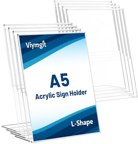 A5 Acrylic Sign Holder, 8-Pack Clear Table Perspex Display Stand, Plastic Vertical L-Shape Menu Poster Holder for Restaurant, Office, Exhibition, Store