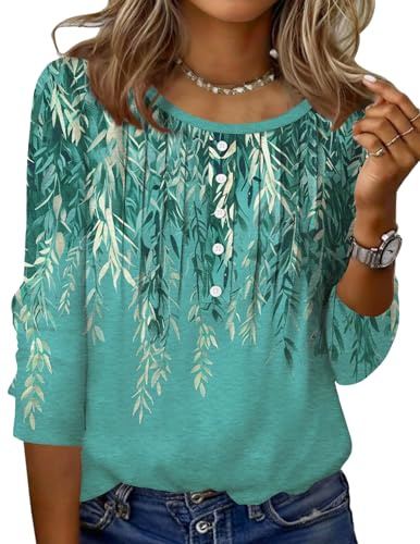 Zeagoo 3/4 Length Sleeve Blouses Spring Tops for Women Womens Tunic Top Crew Neck Casual T-Shirt Daily Going Out Work Cute Tops Ladies Clothing Green