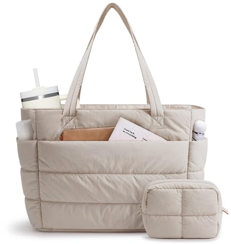 Narwey Tote Bags for Women, Work Laptop Bags for Women with Makeup Pouch, Puffer Teacher School Shoulder Hand Bag for College Shopping Travel Gym Dance Beach Nurse