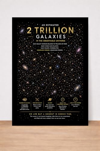 2 Trillion Galaxies in the Observable Universe Infographic Poster, Space Theme, Educational, Solar System. Black and Gold. Print, Poster, Size A4