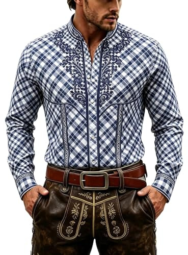 Generisch Camisa de manga larga con botones y cuello alzado, ajuste informal, ideal para fiestas de cerveza de uso diario., marine, 5XL