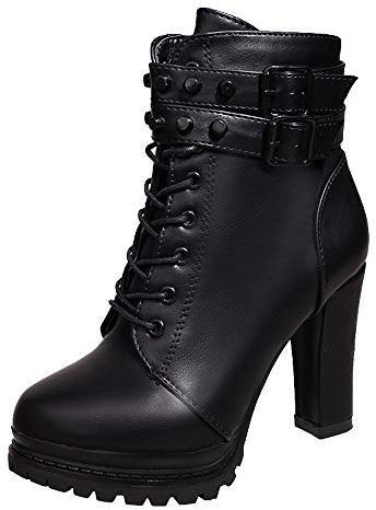 Susenstone Bottes A Talon à Lacets Femme Mode Ankle Boots Bottines à Clous Femmes Hiver Chaud Chaussures Round Toe CompenséEs en Cuir Sexy Boots (38.5 EU(CN39), Noir)