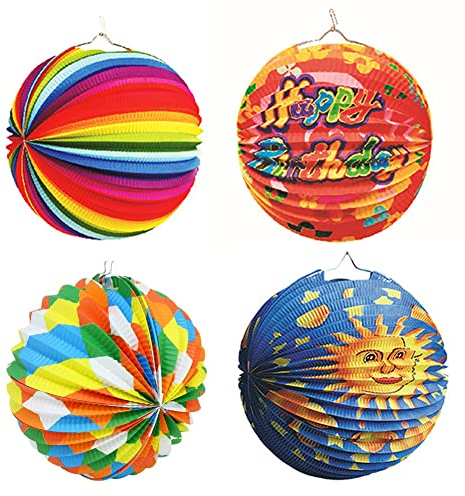 JAHEMU Laterne mit Bunten Motiven Papierlaterne Rund Papier Lampion Geburtstag Papier Pompons Dekoration für St. Martin, Weihnachten, Laternenumzug für Kinder 4 Stück