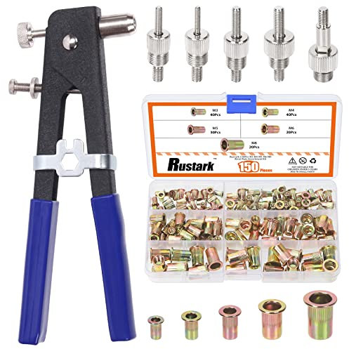 Rustark 151Pcs M3 M4 M5 M6 M8 Threaded Rivet Nuts 10.6Inch Hand Rivet Tool Rivets Nut Setter with 5 Sizes Metric Mandrels Heavy Duty Rivnut Blind Riveting Tools Hand Riveter Rivets Nut Gun Kit