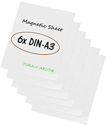 TUKA-i-AKUT 6 x A3 magnetfolie för märkning och tillskärning, flexibel magnet, bordsfolie, magnetplattor, gummimagnet, reklammagnet magnetisk etikett, affisch, set om 6, vit, TKD9041-vit-A3-6x
