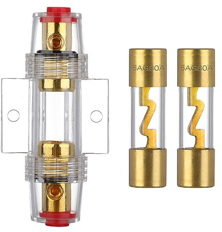 VEXUNGA AGU Sicherungshalter 80A Vergoldet Glassicherung Inline für Auto Audio Power Schutz Mit 2 Stück 80 Ampere AGU Sicherung Glasrohr