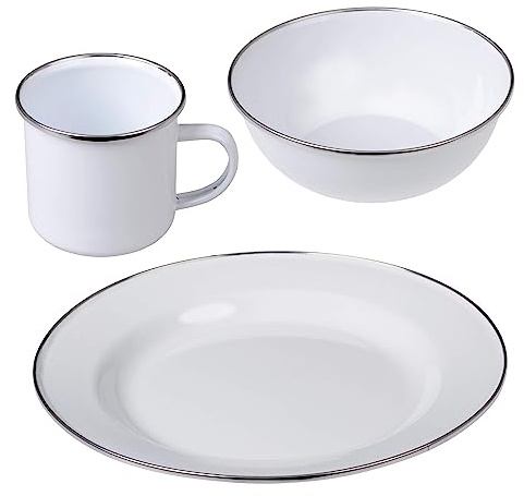 GRÄWE Juego de vajilla esmaltada para camping, color blanco, platos, cuencos, vasos con asa para experiencias al aire libre, ideal para camping y pícnic