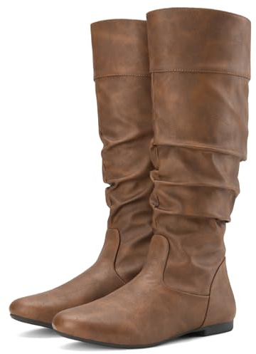Rollda SUEDI Women's Slouchy Knee High Boots Pull On Flat Boots Side Zipper Fall Boots for Women