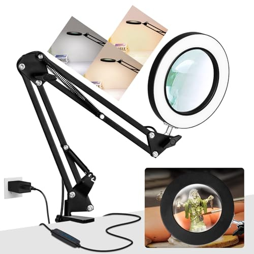 KUVRS 10X Magnifying Glass with Light, 1,800 Lumen 3 Color Stepless Dimming, 4.2 Inch Real Glass Lens LED Lighted Magnifier, Adjustable Swing Arm with Clamp Desk Lamp for Craft Repair Crochet Puzzles