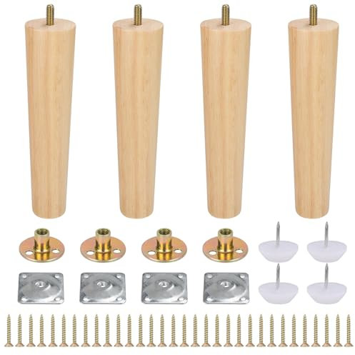 ZOFUN 4 Pcs Furniture Legs 20 cm, Pre-Drilled Wooden Legs with Footrest Pads & Installed Plates, 20cm Wooden Furniture Legs Non-slip, Solid Wood Sofa Legs for Armchair Table Couch Bed Replacement