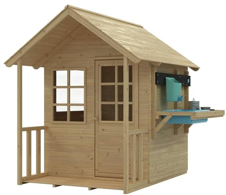 TP Toys Lavender Cottage Playhouse With Deluxe Mud Kitchen Accessory - Kitchen, Perspex Window And Door, Fitted Wooden Floor. Pitched Roof Veranda. FSC Certified Wood 18+ Months, Brown