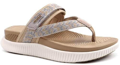 KuaiLu Womens Orthotic Flip Flops Ladies Athletic Thick Cushion Yoga Mat Comfortable Walking Thong Sandals with Plantar Fasciitis Arch Support Summer Outdoor Adjustable Slip On Slides, Beige UK6