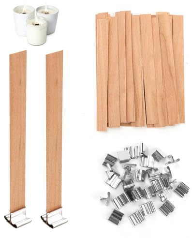 Kit de 60 Mechas Madera para Velas Artesanales, Mecha para Velas con Parafina 13x130mm con 30 Bases Metálicas, Mechas Velas para Velas de Aromaterapia y Decoración del Hogar