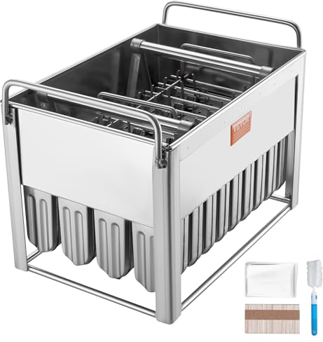 VEVOR Moldes para Paletas Comerciales, 40 Moldes para Paletas de Hielo de Acero Inoxidable de Cabeza Redonda con Doble Ranura, Soporte para Molde para Paletas con 50 Palitos y Bolsas para Paletas