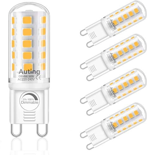 Auting G9 LED Warmweiß Dimmbar, 2700K AC220-240V 4W Ersatz 40W G9 Halogenlampe, 4W Glühbirne g9 LED Leuchtmittel 400Lm Warmweiss für Drinnen und Draußen Schmücken Beleuchtung Kein Flackern Glühlampe