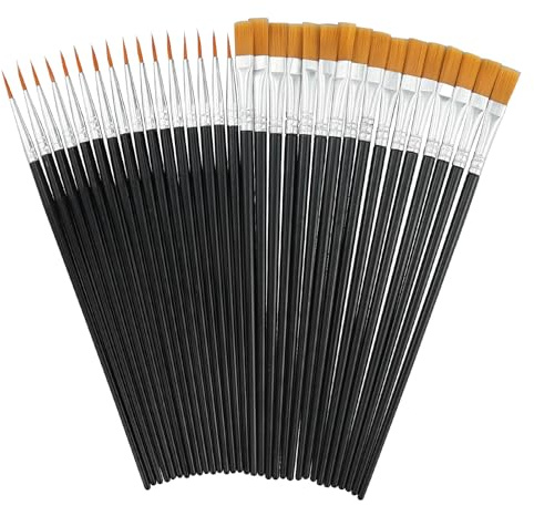 32 stycken penselset, 16 runda borstar och 16 platta borstar nylon akrylfärger penslar, målningar älskare barn och vuxna för att rita, pyssel (svart)