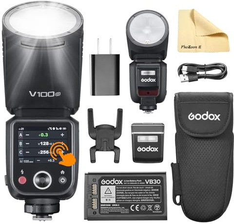 Godox V100-O V100 O Tête Ronde Flash Caméra Flash TTL Speedlite 2.4G sans Fil TTL Speedlight Strobe,100Ws HSS 1/8000s avec Li-ION pour appareils Photo Olympus Panasonic