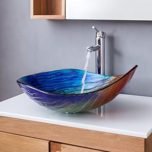 COGITIL Vessel Sink, 21.6 Bathroom Sink Multicolor Irregular Teardrop Glass Bowl Sinks for Countertop Washbasin, Tempered Handmade for Modern Bathrooms Corrosion Resistant, Without Overflow