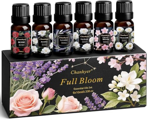 Lot de 6 huiles essentielles florales de 10 ml – Gardénia, jasmin, rose, camomille, fleur de cerisier, lavande – Huiles parfumées pures pour diffuseur, aromathérapie et cadeau