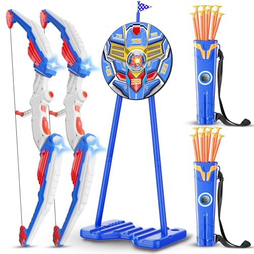 DX DA XIN Set di 2 frecce e arco per bambini, con luce a LED, con bersaglio in piedi, 20 frecce a ventosa e 2 faretine per sport all'aria aperta, regalo per ragazzi dai 4 ai 12 anni