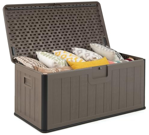 RELAX4LIFE Cassapanca Contenitore da Esterno cper Esterni da 378 L, in Resina per Interni ed Esterni con Coperchio Bloccabile, Impermeabile per,Attrezzi, Accessori per Piscina (MARRONE)
