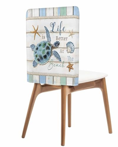 Summer Coastal Turtle Back Covers for Dining Chairs, Ocean Blue Beach Back Chair Covers Set of 4, Chic Starfish Wood Grain Removable Kitchen Chair Slipcover Protector for Holiday Party Wedding Decor