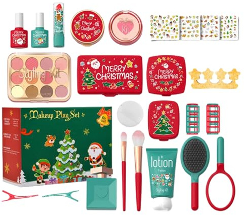 BommFu Kit Trucchi Finti per Bambini | Set Cosmetico Realistico per Natale Bambini - Kit Makeup Pretend per Scuola Materna, Bambine 3-5 Anni, Asilo, Regalo Calza Natalizia e Festa di Compleanno,Natale