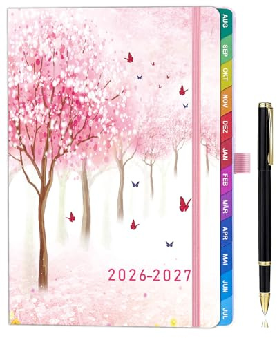 ZXHQ Schulplaner 2026–2027, 100g/m2, A5, Terminplaner 26-27 mit Monatsübersicht, Hardcover, Innentasche, 208 Seiten, 16,5 x 22 cm, Sakura Rosa