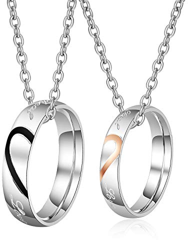 Gkmamrg Valentinstagsgeschenk Partner Pärchen Geschenk Ringe Anhänger mit Ketten 50cm 60cm, Zirkonia Partnerringe Paar Halskette mit Gravur Partnerketten Liebesgeschenk