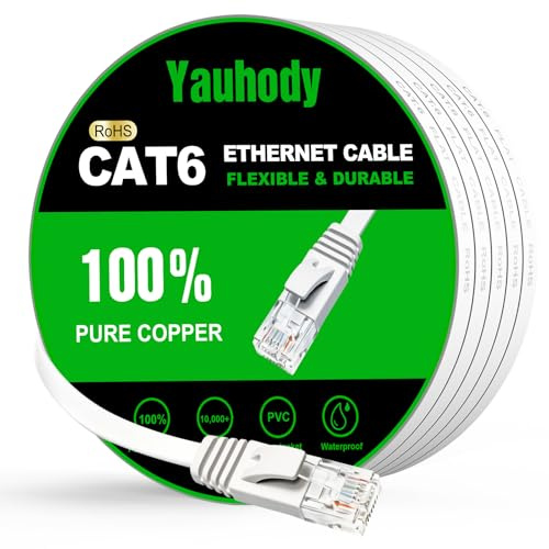 Yauhody Ethernet Cable 20m, High Speed Long Internet Cable Cat 6 20m, White | Pure Copper High Speed Cat6 LAN Patch Leads, Snagless Design, Tangle Free, RoHs, TIA/EIA Compliant, for TV, Gaming, Router