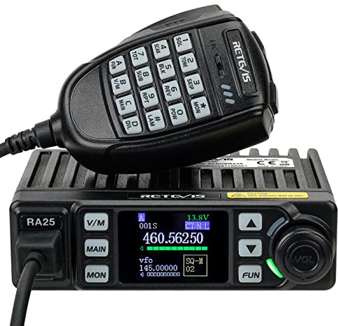 Retevis RA25 Emisoras de Radioaficionado, Monitor Dual Banda Dual, 5W/20W, 500 Canales, Radio FM, 5 Tonos/2 Tonos/DTMF, Interfaz de Cargador de Coche Profesional Mini Emisora Coche