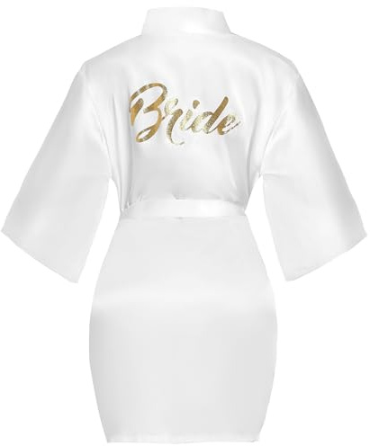 Lovasy Bride Robe Satin Kimono Robe Silk Satin Dressing Gown for Women Bridesmaid Robes Short Bridal Morning Robes with Gold Glitter,Bride-White,L