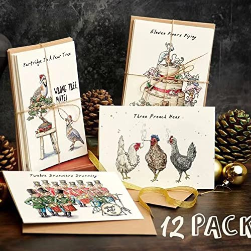 MISNODE Set med tolv dagars julkort, 12-pack gratulationskort, knasiga roliga julkort, semesterkort med kuvert (12 kort, 12 designer)
