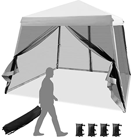 COSTWAY Paviljong 3 x 3 m, popup hopfällbar paviljong med myggnät och sandsäckar och rullväska, UV-skydd 50+, trädgårdstält, festtält, stabil och vattentät, trädgårdspaviljong för fest, camping (grå)
