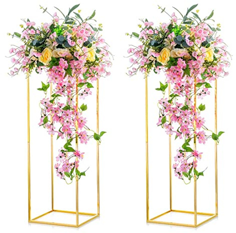 Warmiehomy Gold Vase Wedding Centrepieces for Tables 2 Pcs Geometric Vases 100cm Tall Vases For Wedding Table Party Living Room Birthday Decorations Metal Column